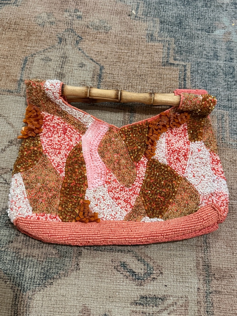 Beaded Coral and Pink Bamboo-Handle Evening Clutch